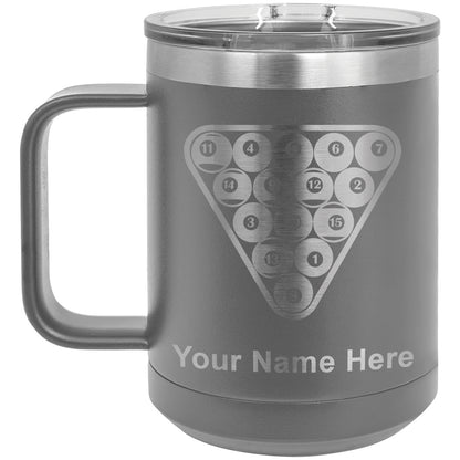 15oz Vacuum Insulated Coffee Mug, Billiard Balls, Personalized Engraving Included