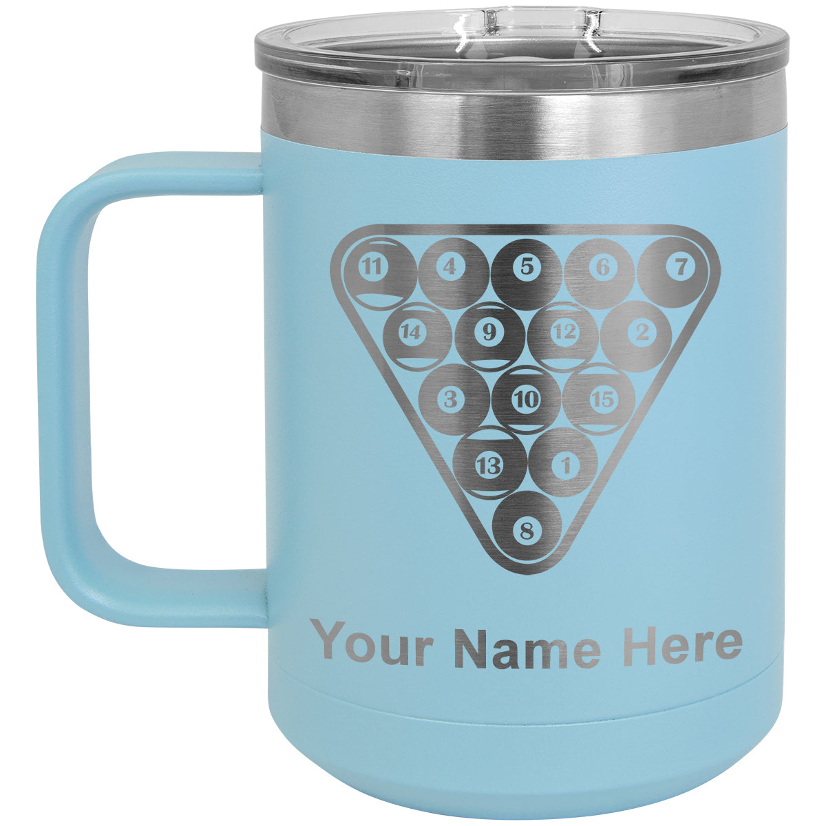 15oz Vacuum Insulated Coffee Mug, Billiard Balls, Personalized Engraving Included