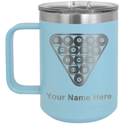 15oz Vacuum Insulated Coffee Mug, Billiard Balls, Personalized Engraving Included