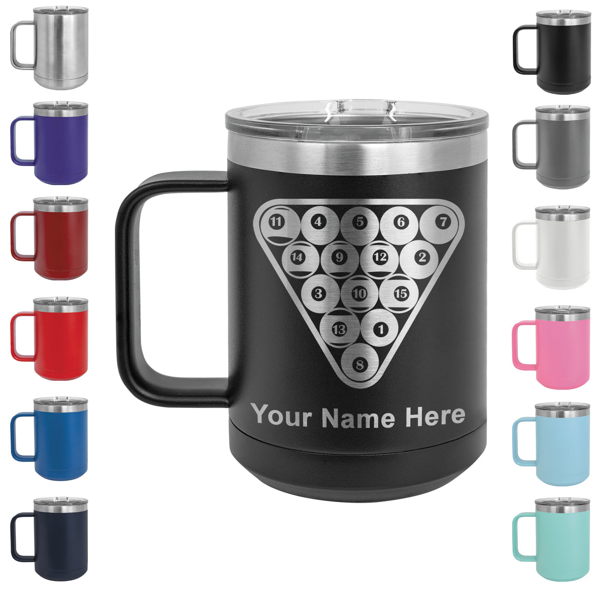 15oz Vacuum Insulated Coffee Mug, Billiard Balls, Personalized Engraving Included