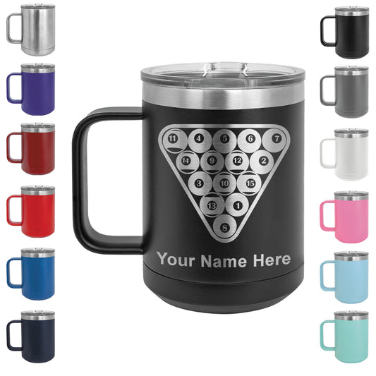 15oz Vacuum Insulated Coffee Mug, Billiard Balls, Personalized Engraving Included