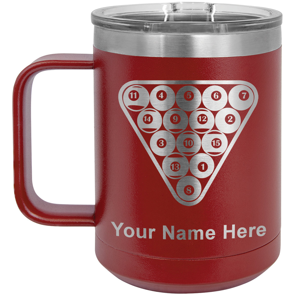 15oz Vacuum Insulated Coffee Mug, Billiard Balls, Personalized Engraving Included