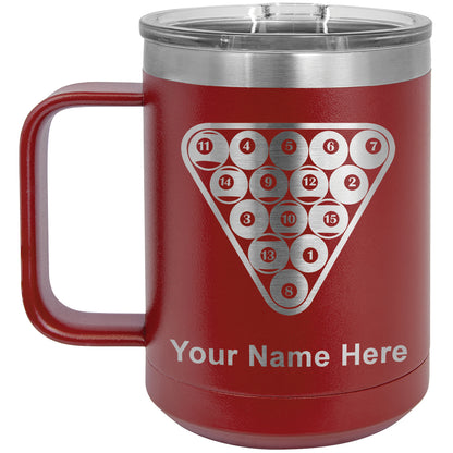 15oz Vacuum Insulated Coffee Mug, Billiard Balls, Personalized Engraving Included