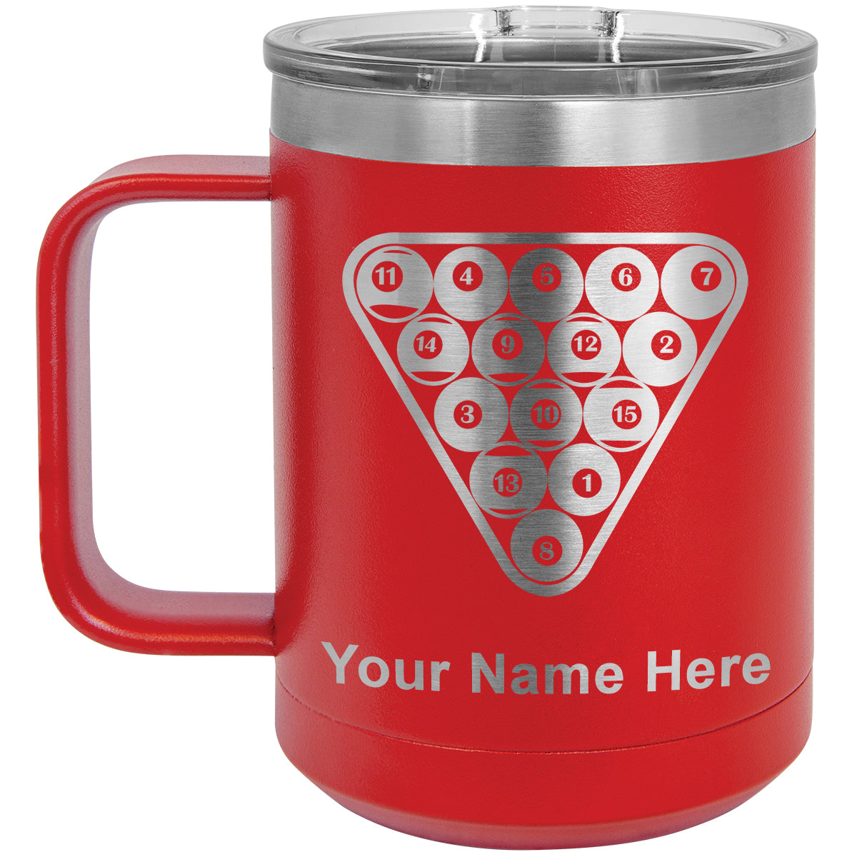15oz Vacuum Insulated Coffee Mug, Billiard Balls, Personalized Engraving Included