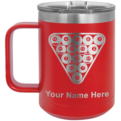 15oz Vacuum Insulated Coffee Mug, Billiard Balls, Personalized Engraving Included