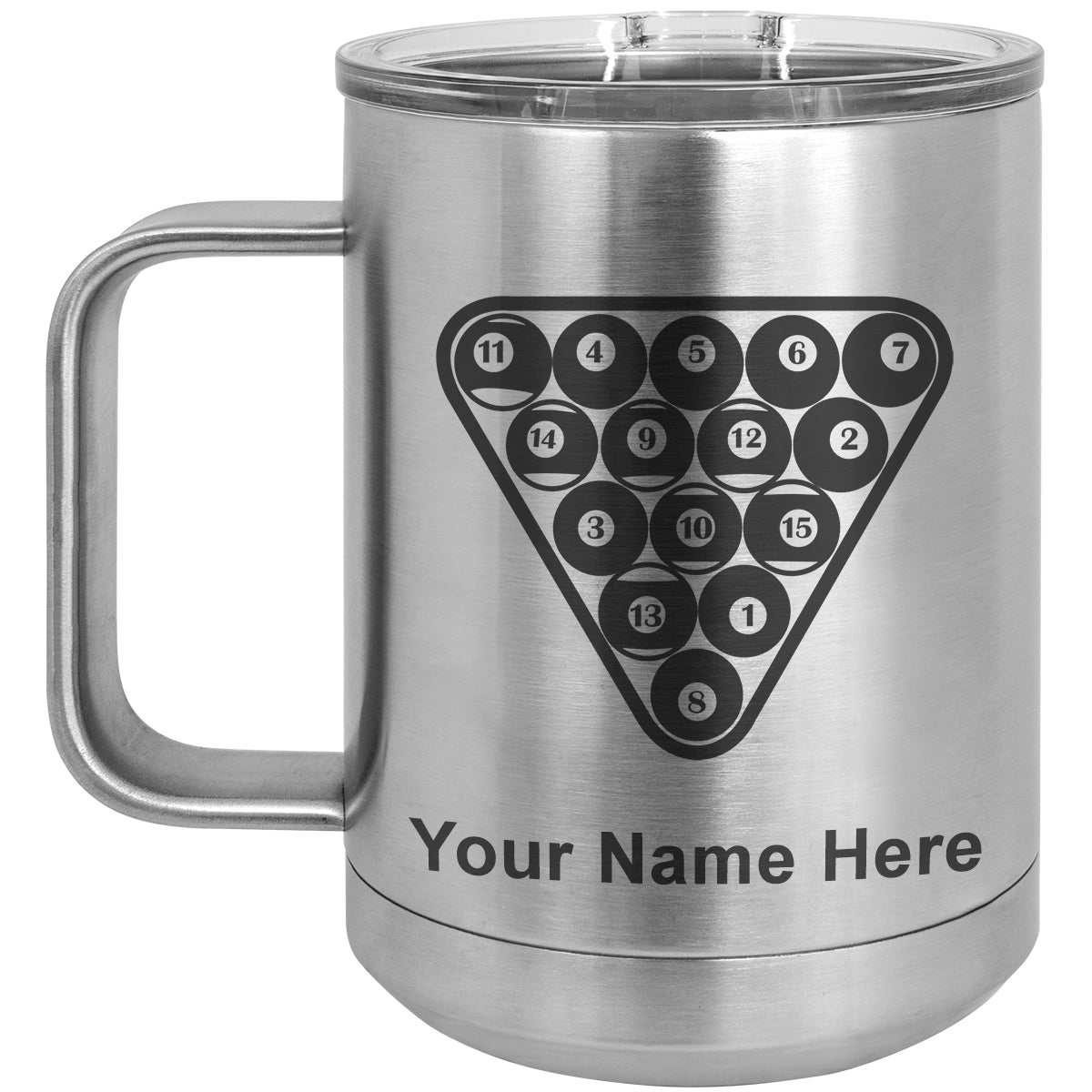 15oz Vacuum Insulated Coffee Mug, Billiard Balls, Personalized Engraving Included