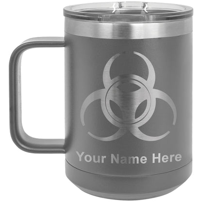 15oz Vacuum Insulated Coffee Mug, Biohazard Symbol, Personalized Engraving Included
