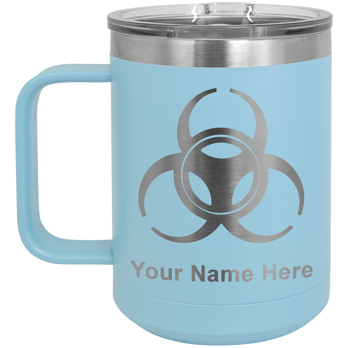 15oz Vacuum Insulated Coffee Mug, Biohazard Symbol, Personalized Engraving Included
