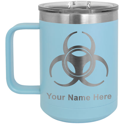 15oz Vacuum Insulated Coffee Mug, Biohazard Symbol, Personalized Engraving Included