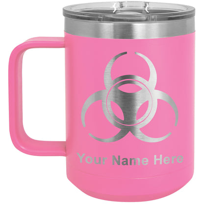 15oz Vacuum Insulated Coffee Mug, Biohazard Symbol, Personalized Engraving Included