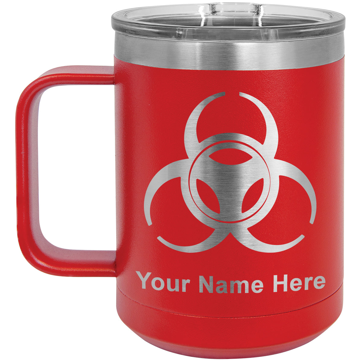 15oz Vacuum Insulated Coffee Mug, Biohazard Symbol, Personalized Engraving Included
