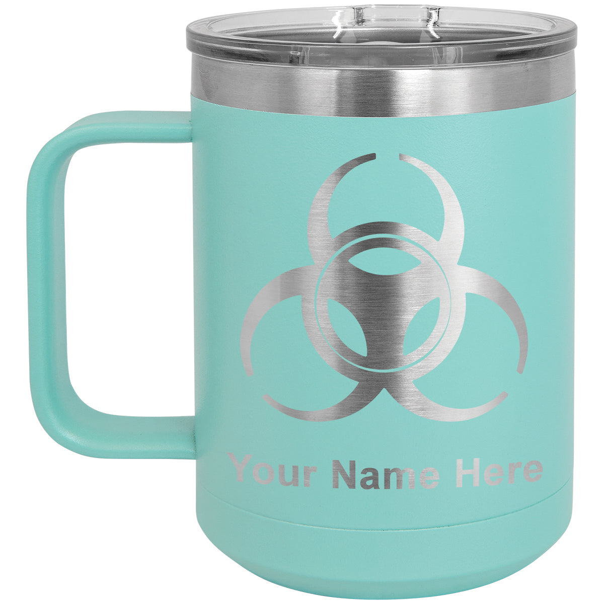 15oz Vacuum Insulated Coffee Mug, Biohazard Symbol, Personalized Engraving Included
