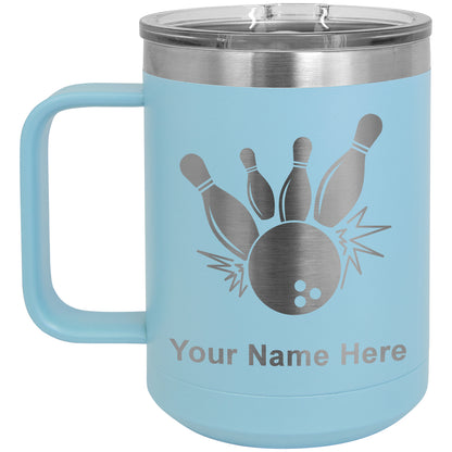 15oz Vacuum Insulated Coffee Mug, Bowling Ball and Pins, Personalized Engraving Included