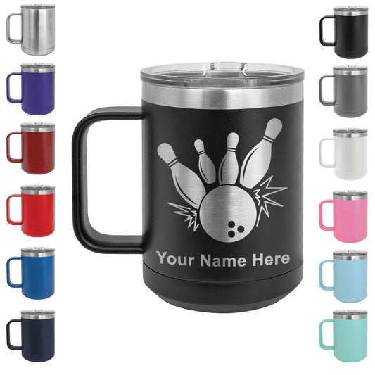 15oz Vacuum Insulated Coffee Mug, Bowling Ball and Pins, Personalized Engraving Included