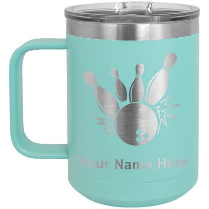 15oz Vacuum Insulated Coffee Mug, Bowling Ball and Pins, Personalized Engraving Included