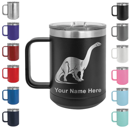 15oz Vacuum Insulated Coffee Mug, Brontosaurus Dinosaur, Personalized Engraving Included