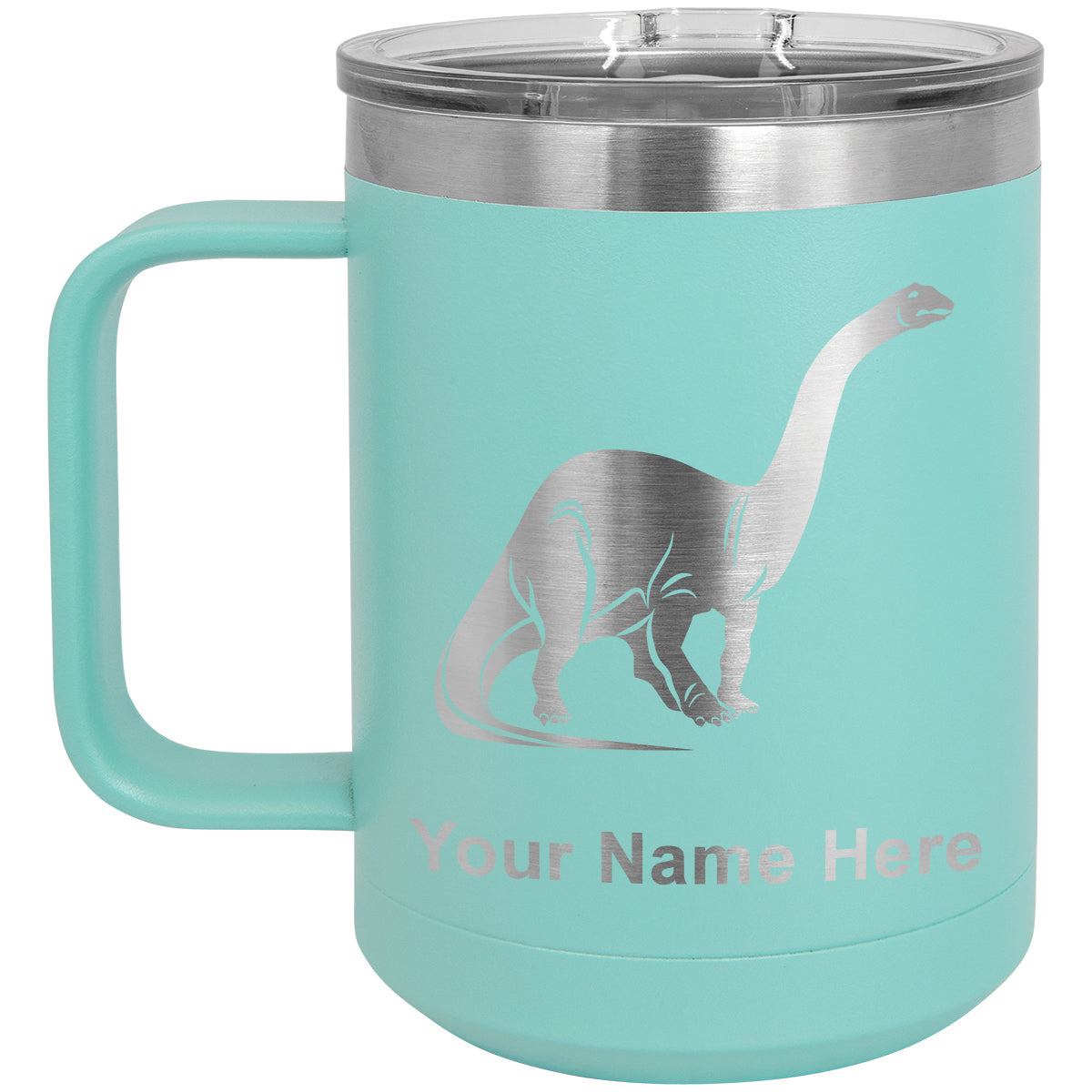 15oz Vacuum Insulated Coffee Mug, Brontosaurus Dinosaur, Personalized Engraving Included