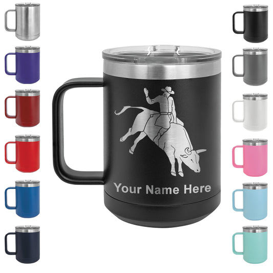15oz Vacuum Insulated Coffee Mug, Bull Rider Cowboy, Personalized Engraving Included
