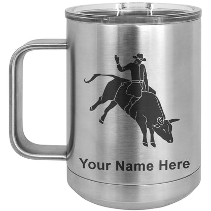 15oz Vacuum Insulated Coffee Mug, Bull Rider Cowboy, Personalized Engraving Included