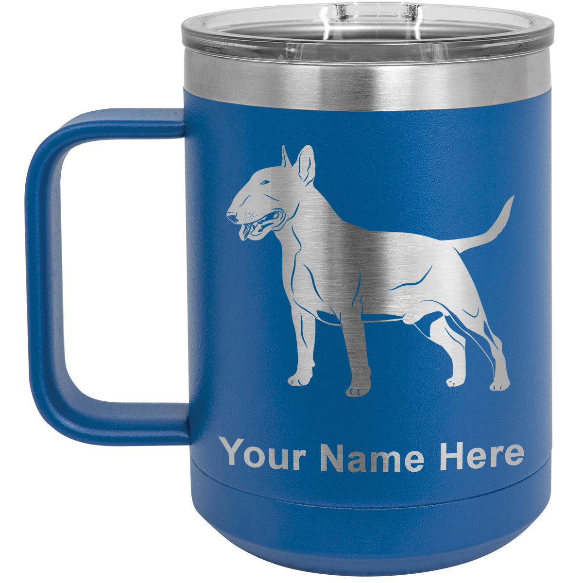 15oz Vacuum Insulated Coffee Mug, Bull Terrier Dog, Personalized Engraving Included