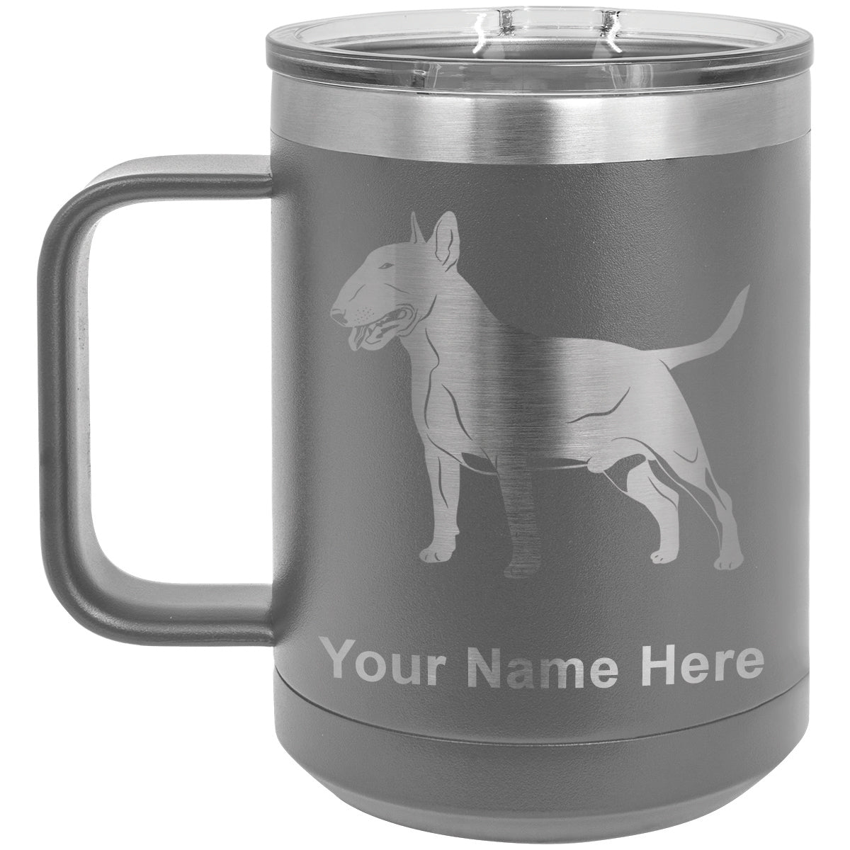 15oz Vacuum Insulated Coffee Mug, Bull Terrier Dog, Personalized Engraving Included