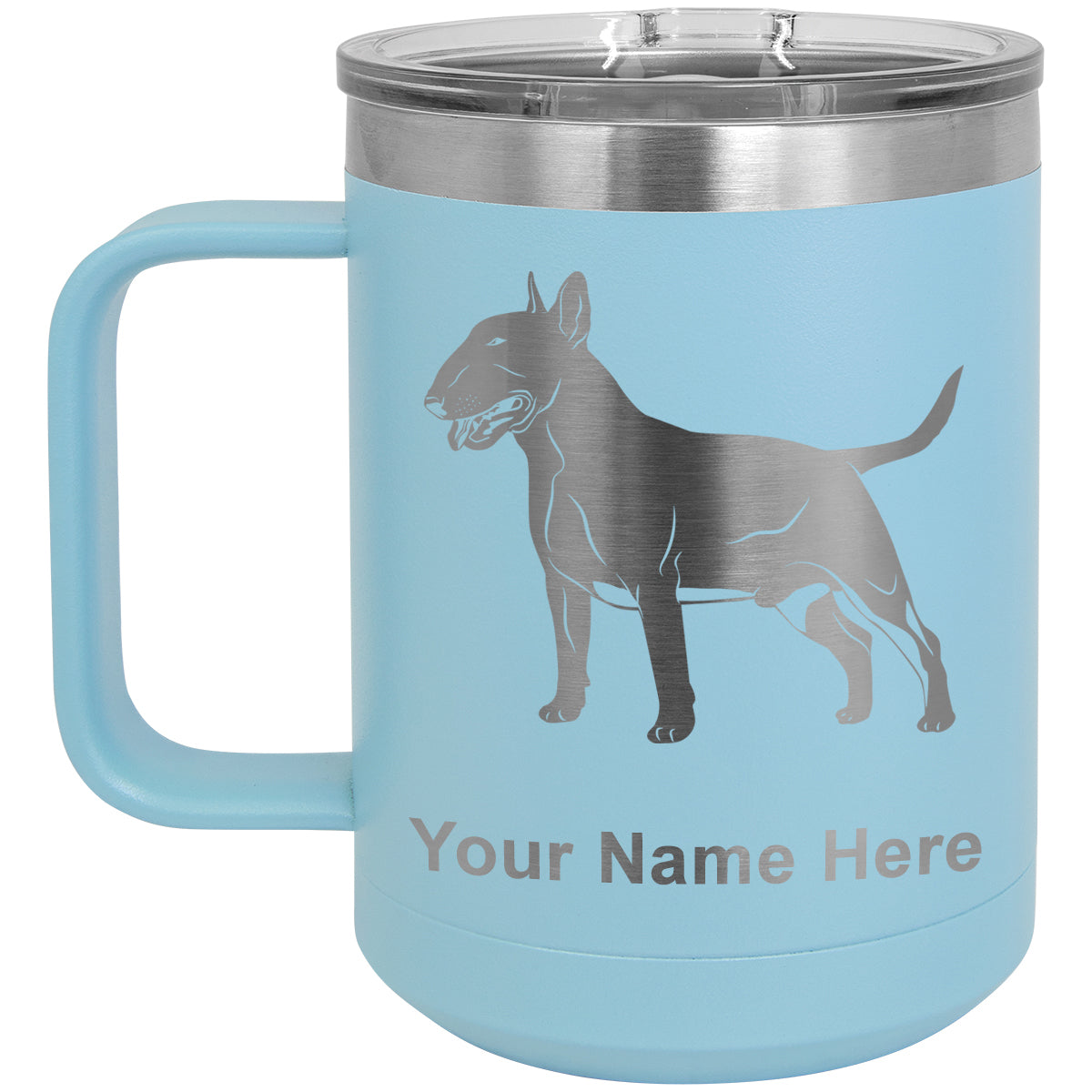 15oz Vacuum Insulated Coffee Mug, Bull Terrier Dog, Personalized Engraving Included
