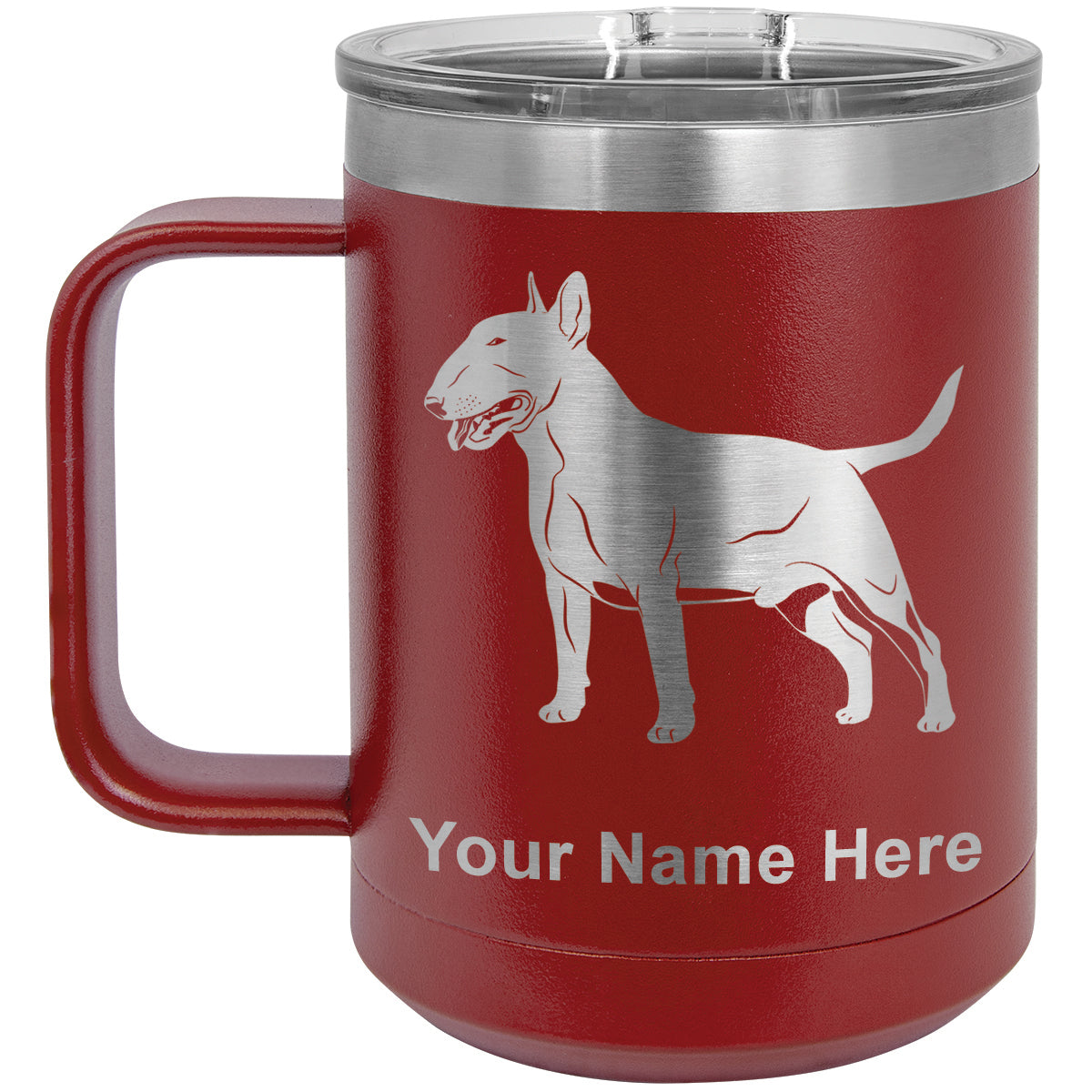 15oz Vacuum Insulated Coffee Mug, Bull Terrier Dog, Personalized Engraving Included