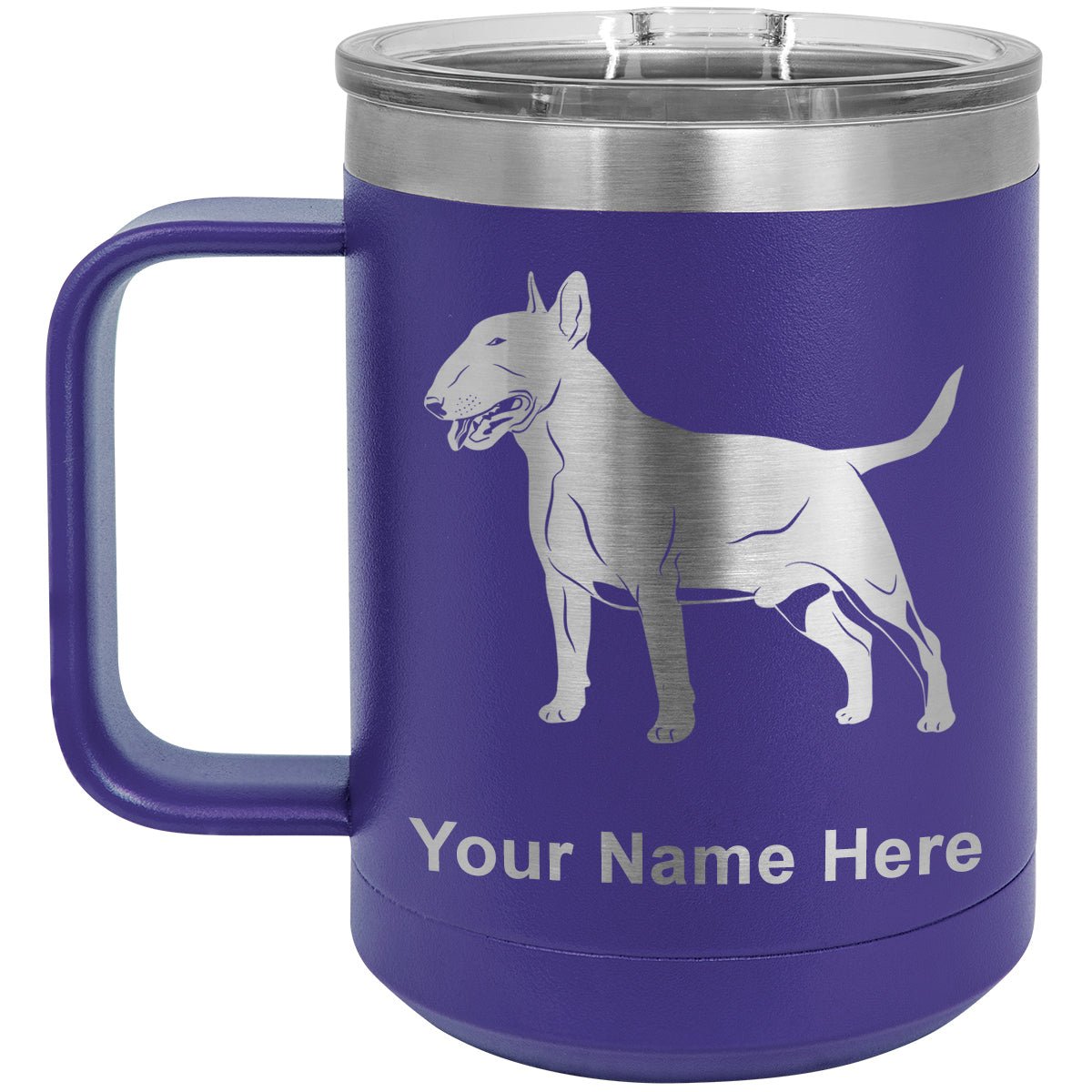 15oz Vacuum Insulated Coffee Mug, Bull Terrier Dog, Personalized Engraving Included