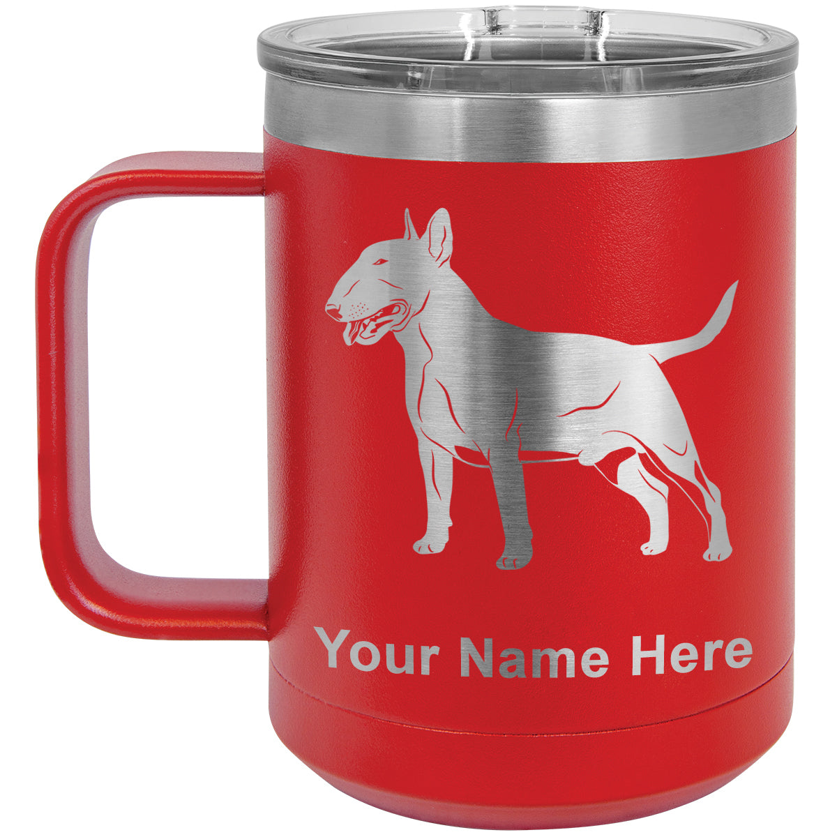 15oz Vacuum Insulated Coffee Mug, Bull Terrier Dog, Personalized Engraving Included