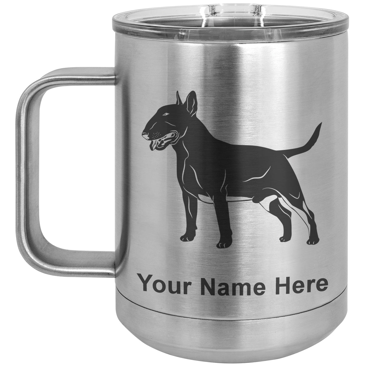 15oz Vacuum Insulated Coffee Mug, Bull Terrier Dog, Personalized Engraving Included