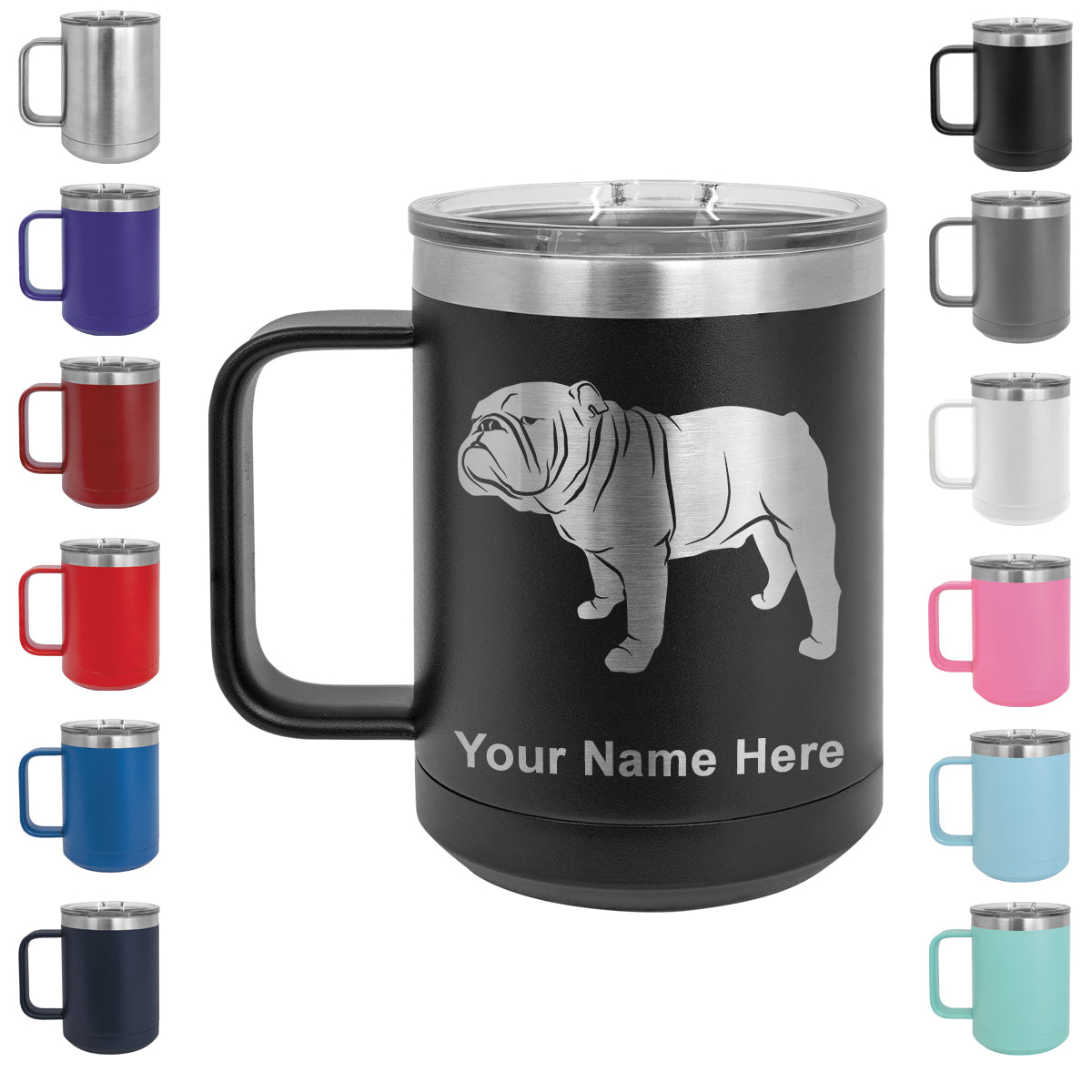 15oz Vacuum Insulated Coffee Mug, Bulldog Dog, Personalized Engraving Included