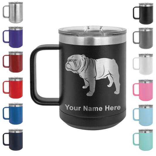 15oz Vacuum Insulated Coffee Mug, Bulldog Dog, Personalized Engraving Included
