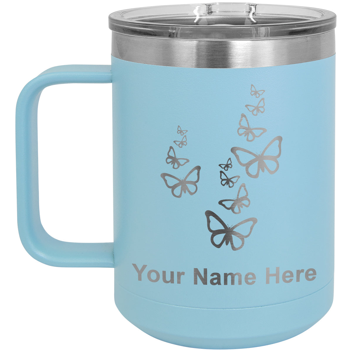 15oz Vacuum Insulated Coffee Mug, Butterflies, Personalized Engraving Included