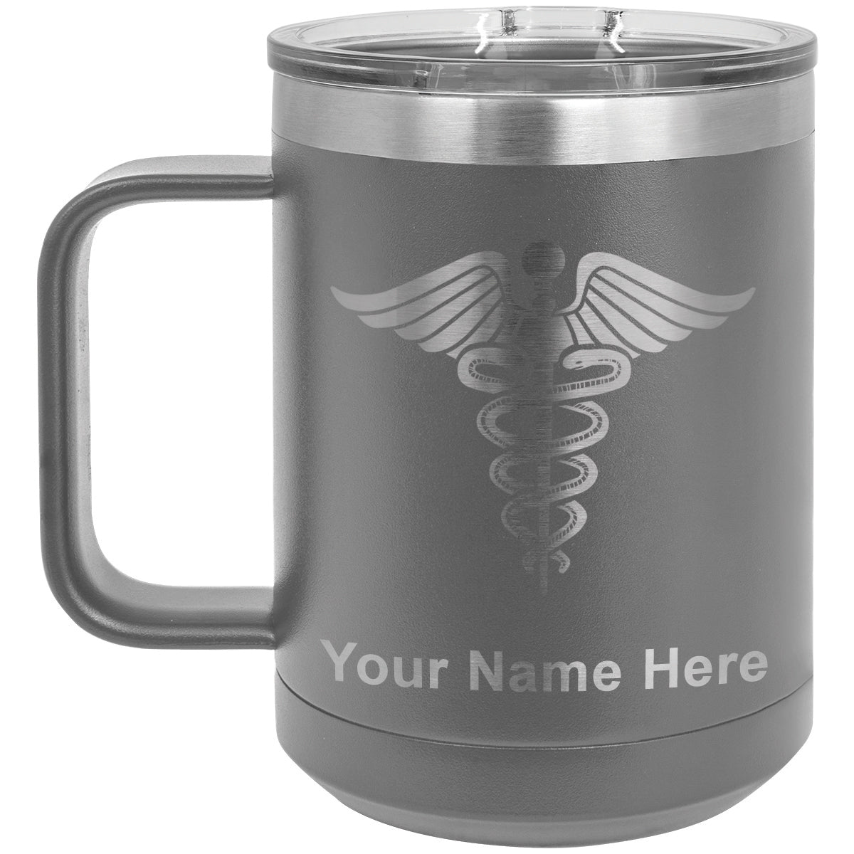 15oz Vacuum Insulated Coffee Mug, Caduceus Medical Symbol, Personalized Engraving Included