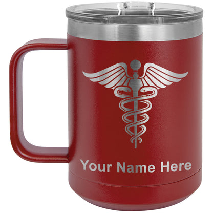 15oz Vacuum Insulated Coffee Mug, Caduceus Medical Symbol, Personalized Engraving Included