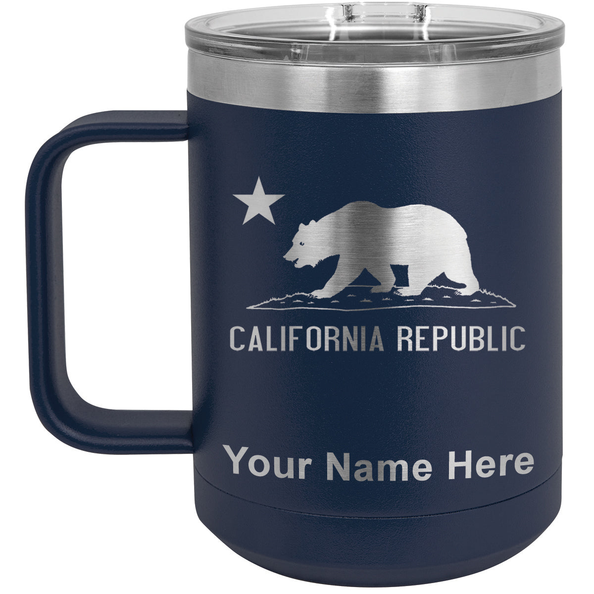 15oz Vacuum Insulated Coffee Mug, California Republic Bear Flag, Personalized Engraving Included
