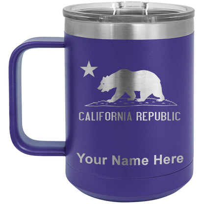 15oz Vacuum Insulated Coffee Mug, California Republic Bear Flag, Personalized Engraving Included