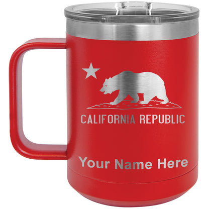 15oz Vacuum Insulated Coffee Mug, California Republic Bear Flag, Personalized Engraving Included