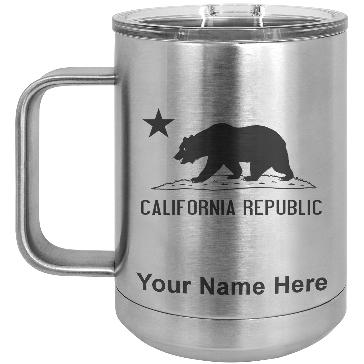 15oz Vacuum Insulated Coffee Mug, California Republic Bear Flag, Personalized Engraving Included