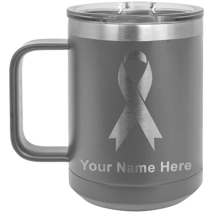 15oz Vacuum Insulated Coffee Mug, Cancer Awareness Ribbon, Personalized Engraving Included
