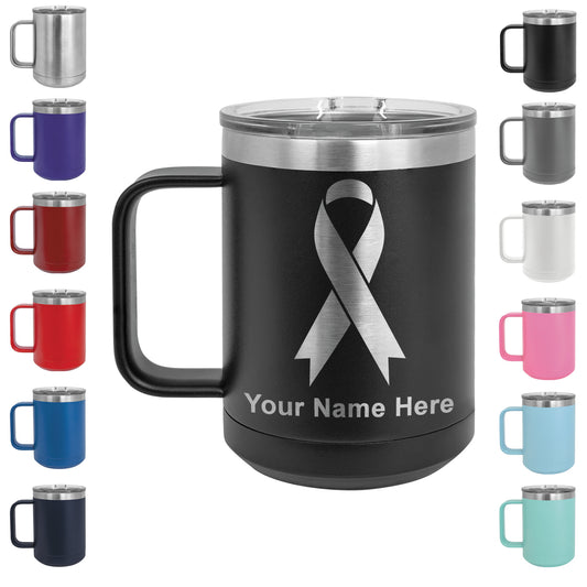 15oz Vacuum Insulated Coffee Mug, Cancer Awareness Ribbon, Personalized Engraving Included