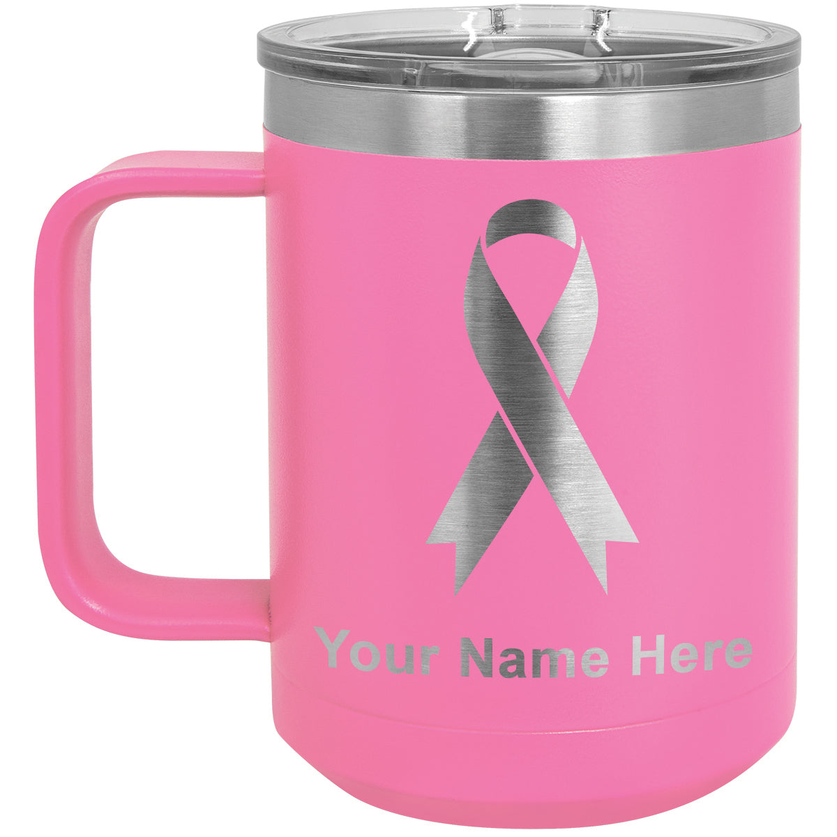 15oz Vacuum Insulated Coffee Mug, Cancer Awareness Ribbon, Personalized Engraving Included