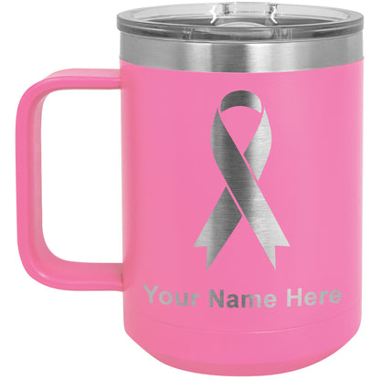 15oz Vacuum Insulated Coffee Mug, Cancer Awareness Ribbon, Personalized Engraving Included