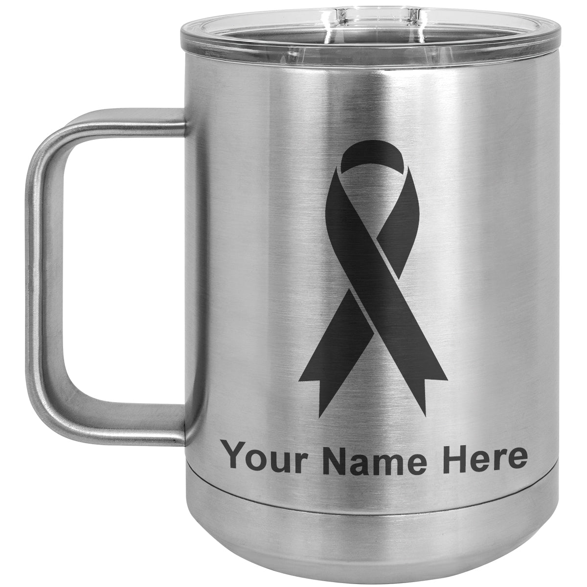 15oz Vacuum Insulated Coffee Mug, Cancer Awareness Ribbon, Personalized Engraving Included