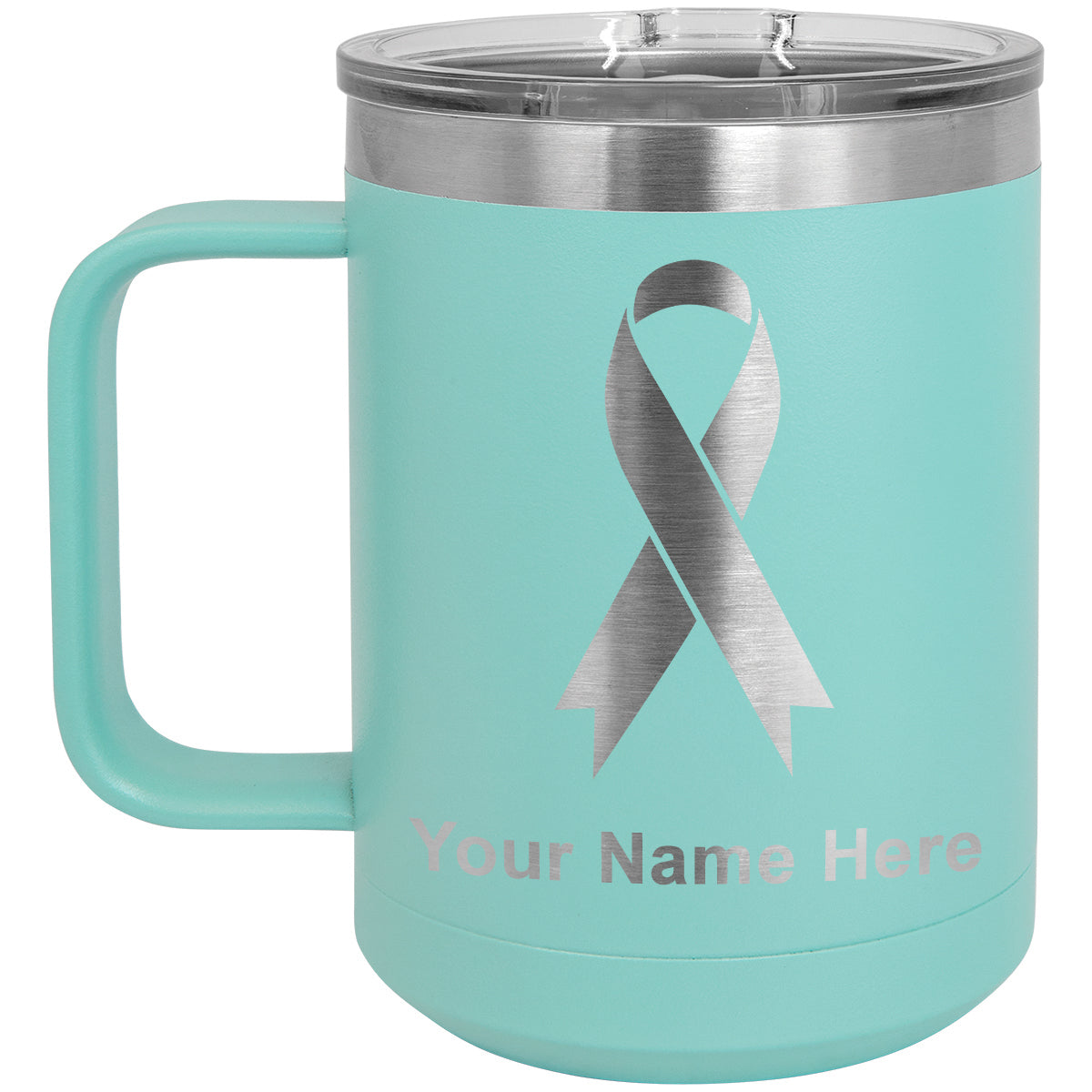 15oz Vacuum Insulated Coffee Mug, Cancer Awareness Ribbon, Personalized Engraving Included
