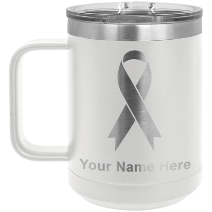 15oz Vacuum Insulated Coffee Mug, Cancer Awareness Ribbon, Personalized Engraving Included