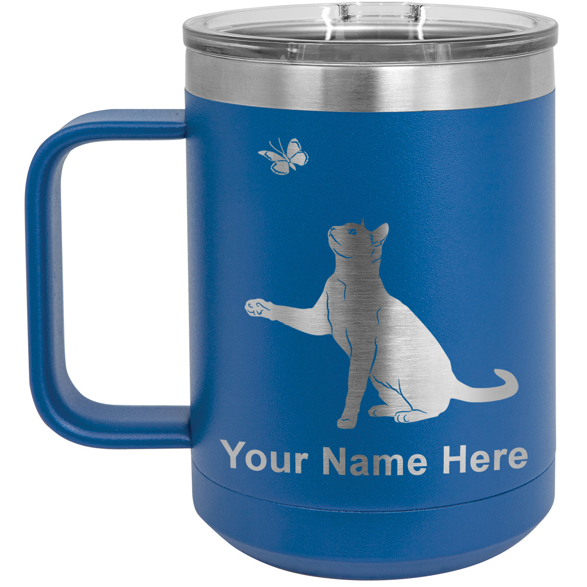 15oz Vacuum Insulated Coffee Mug, Cat with Butterfly, Personalized Engraving Included