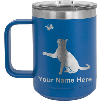 15oz Vacuum Insulated Coffee Mug, Cat with Butterfly, Personalized Engraving Included