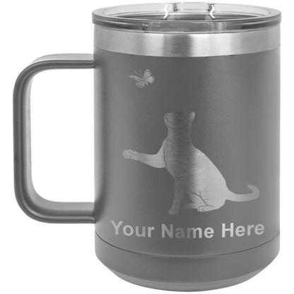 15oz Vacuum Insulated Coffee Mug, Cat with Butterfly, Personalized Engraving Included