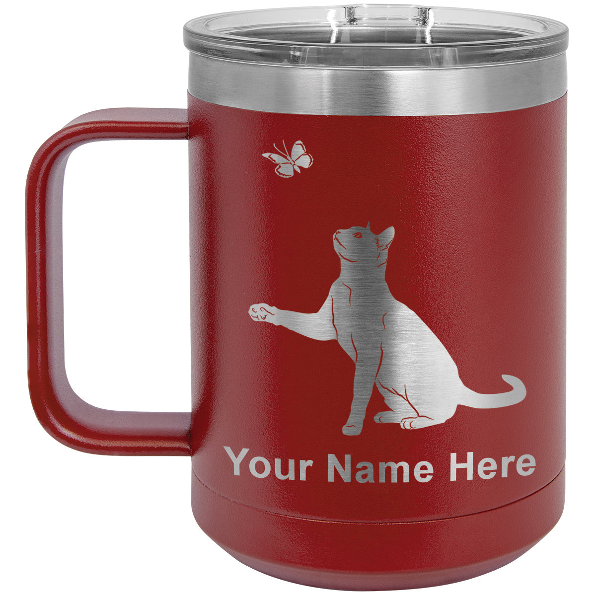 15oz Vacuum Insulated Coffee Mug, Cat with Butterfly, Personalized Engraving Included